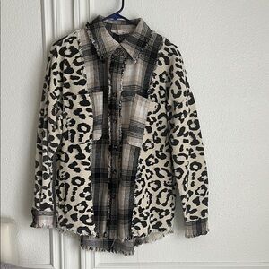 Mixed Plaid and Leopard Button-Up Shirt Jacket - Black & Cream